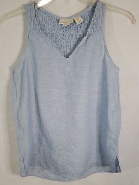 Cynthia Rowley Linen Pale Blue V-Neck Smocked Tank